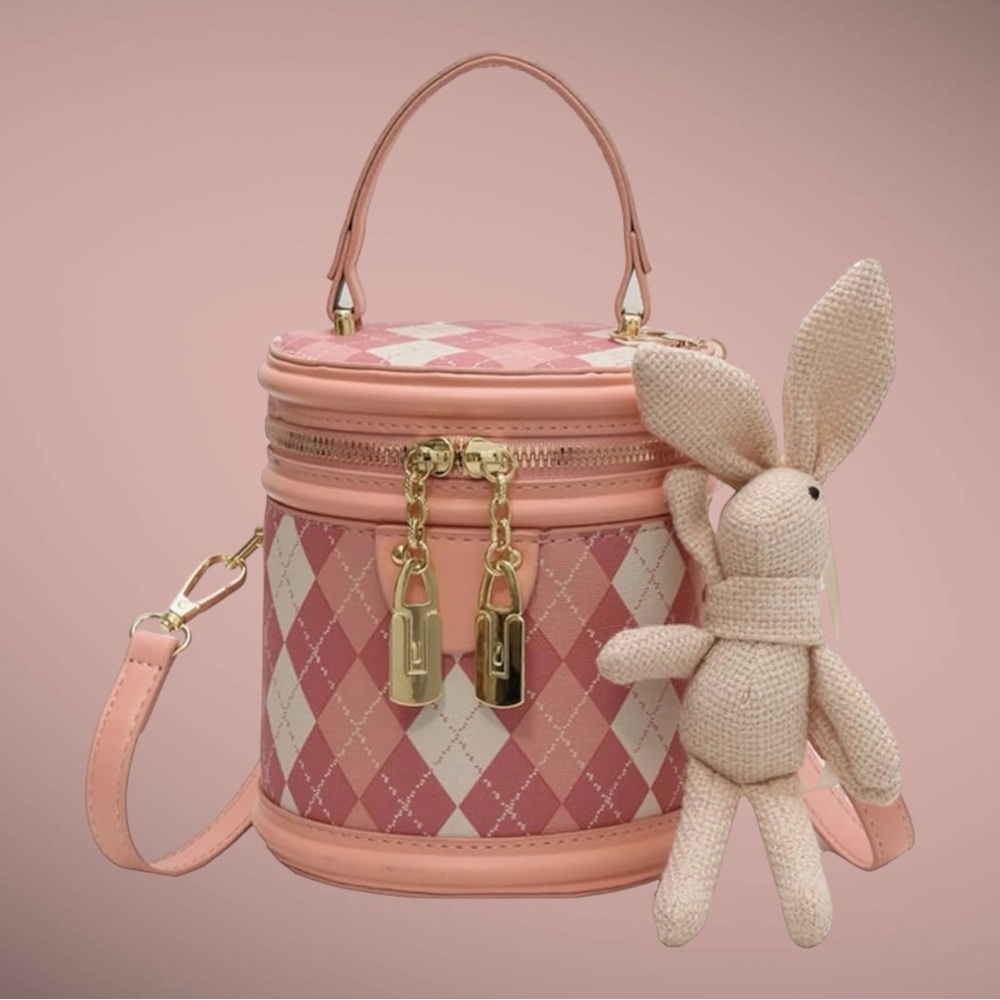 Pink Argyle Handbag bucket bag or crossbody with Bunny Charm